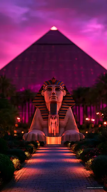 Seated pharaoh sculpture on a glowing garden pathway