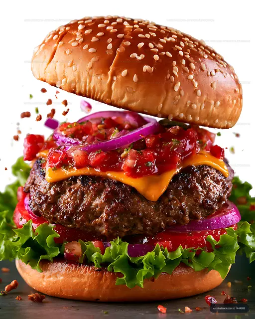 Stacked cheeseburger with sesame bun, vegetables, and melted cheese