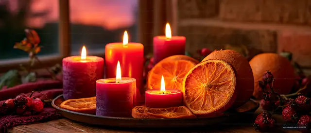 Five glowing red candles with oranges and dried berries