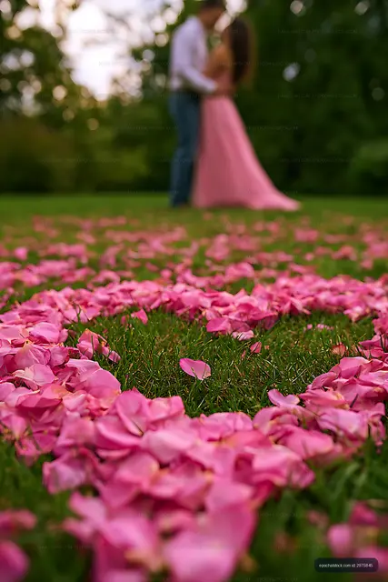Dreamy couple among pink petals in a green garden