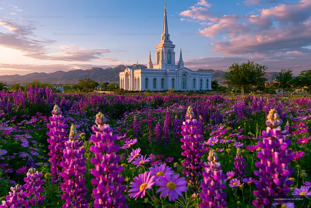 White church in a vibrant mountain wildflower landscape