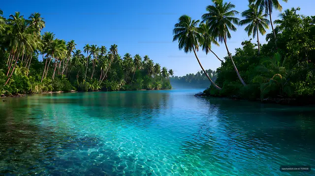 Turquoise tropical lagoon framed by lush palms
