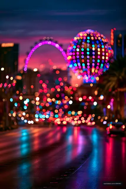 Abstract colorful city lights glowing on wet pavement