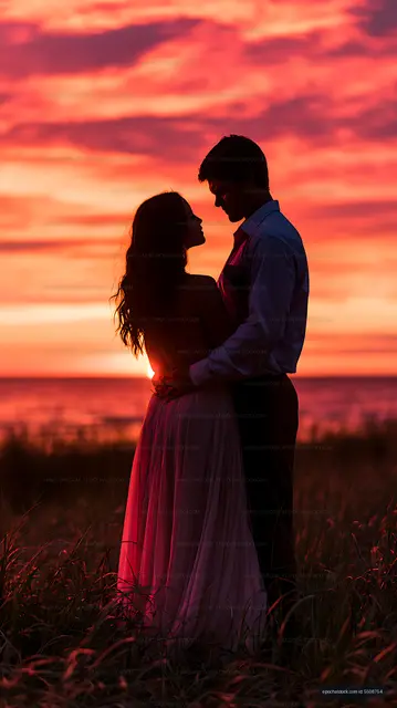 Romantic silhouette of a couple in a coastal sunset landscape
