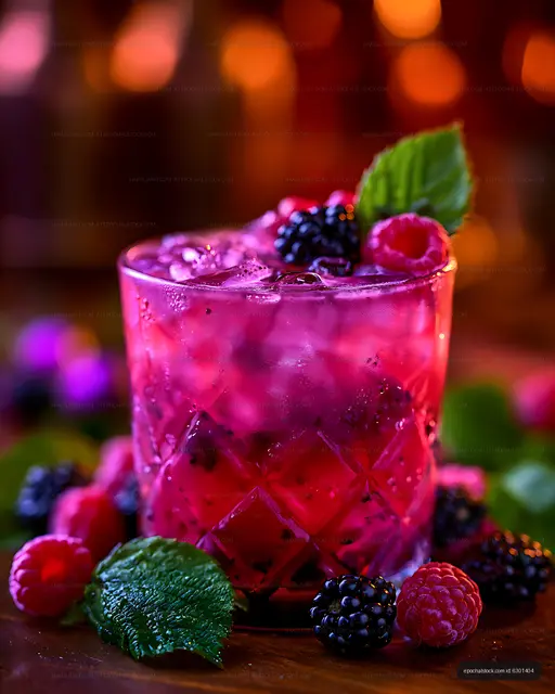 Colorful iced berry cocktail surrounded by berries