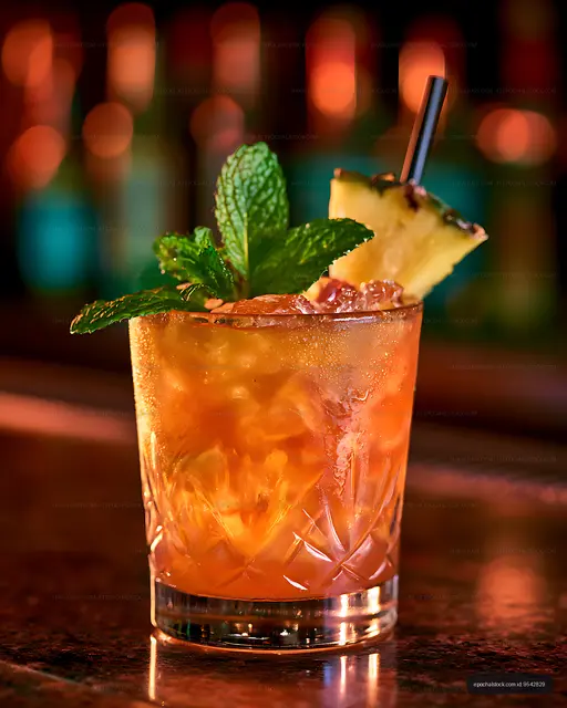 Vibrant orange cocktail on a reflective bar