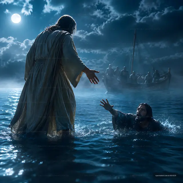 Man reaching for help in water with a figure in the moonlight