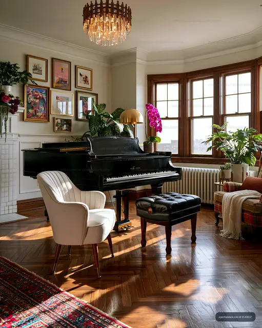 Classic living room featuring a grand piano and bright windows
