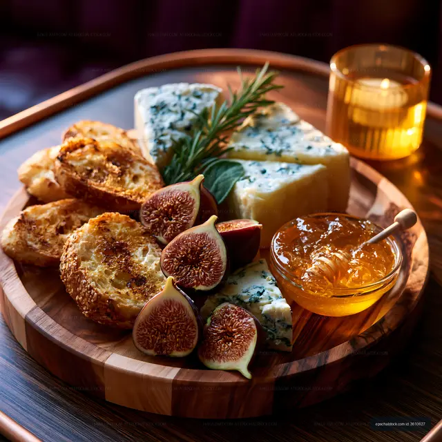 Gourmet cheese board served with figs and honey