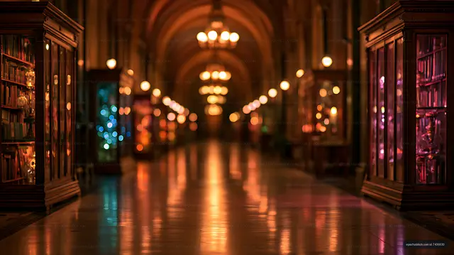 Atmospheric illuminated gallery hallway with colorful reflections