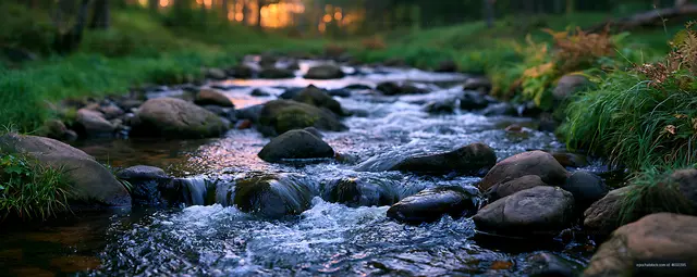 Shallow forest creek with rocks and warm evening light