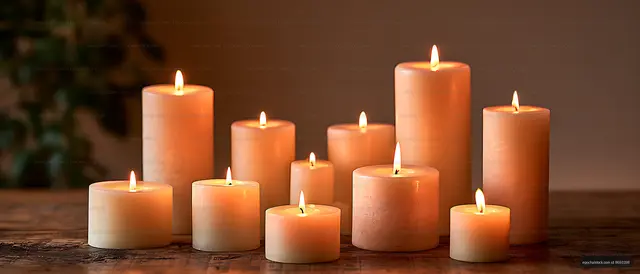 Orange pillar candles glowing on a wooden tabletop