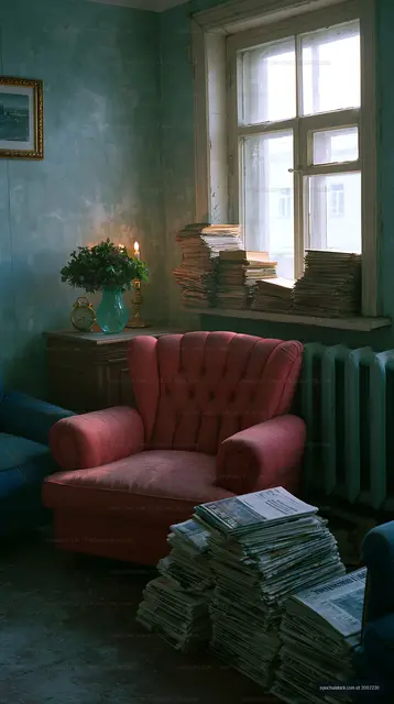 Pink tufted armchair surrounded by newspapers in vintage interior