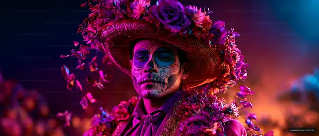 Skull face paint portrait beneath a floral sombrero
