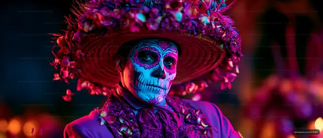 Dramatic portrait with skull face paint and flowered hat