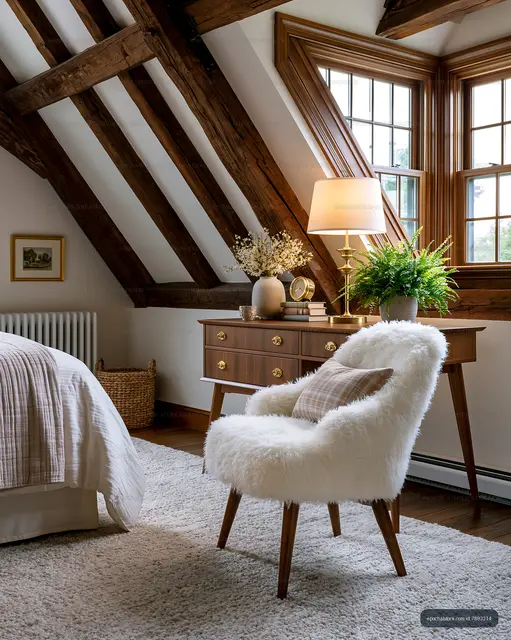 Inviting attic bedroom with timber beams and a textured lounge chair