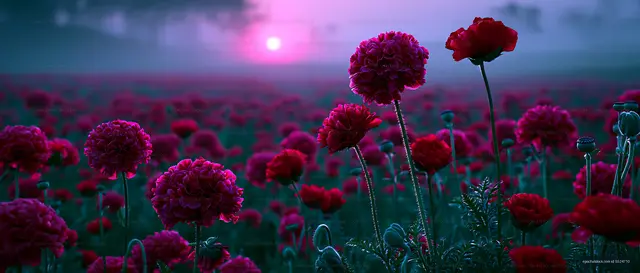 Vibrant flowers during sunset captured in a misty field