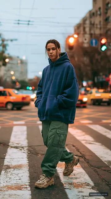 Young adult in hoodie crossing a city intersection