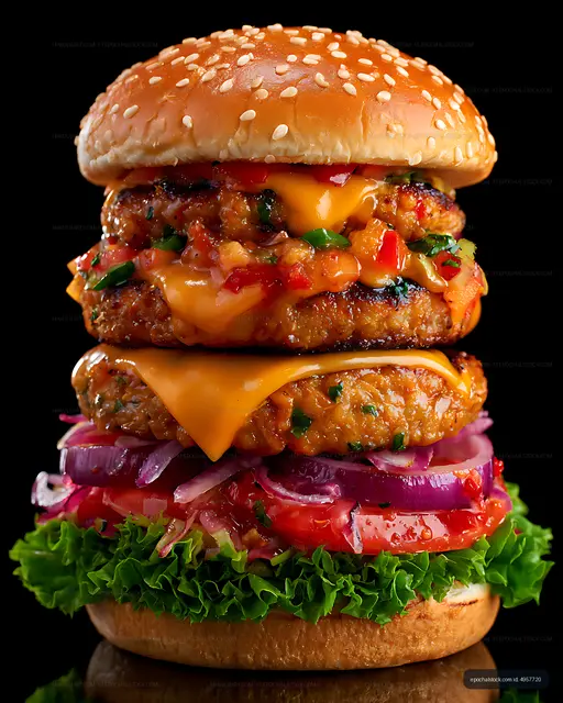 Gourmet double cheeseburger with colorful toppings