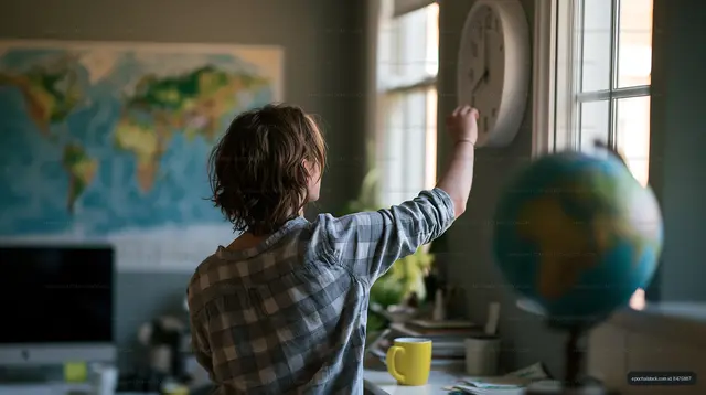 Child pointing toward clock beside a world map