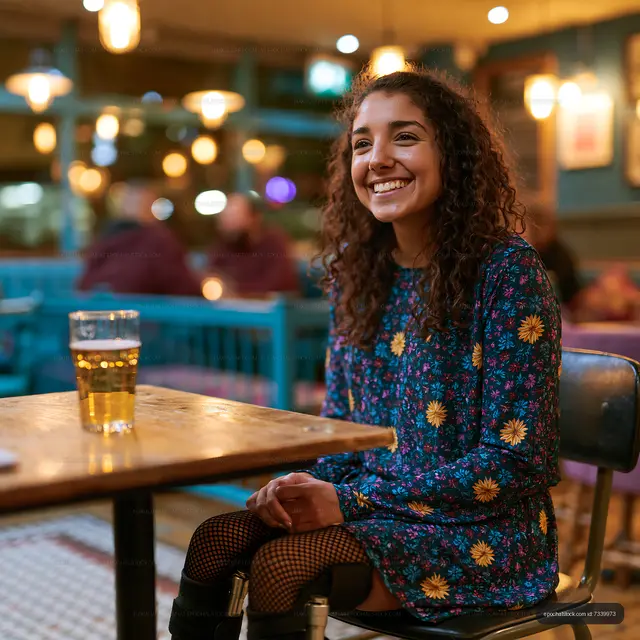 Smiling woman with beer at an indoor bar