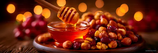 Honey dipper and honey bowl with assorted nuts and dried fruit