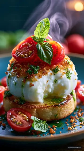Steaming gourmet toast topped with burrata, tomatoes, and basil
