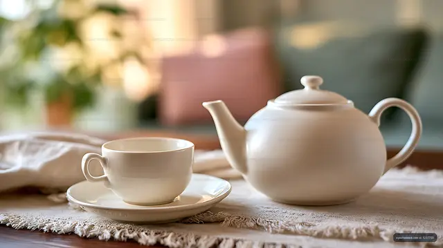 White ceramic teapot and cup on textured table linen