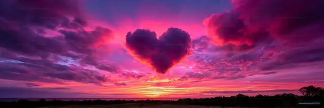 Heart-shaped cloud above a vivid sunset landscape