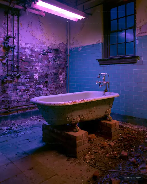 Weathered bathtub surrounded by brick and peeling walls