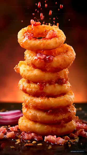 Golden ring pastries stacked with glossy red fruit filling