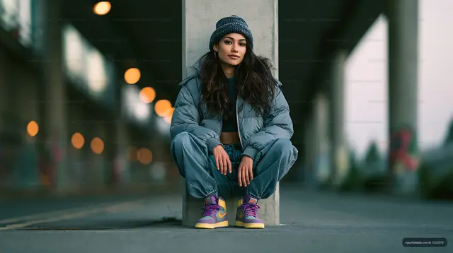 Woman in beanie and puffer jacket posing in an urban passage