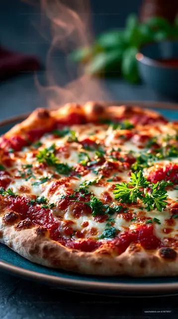 Close-up cheese pizza with tomato and parsley