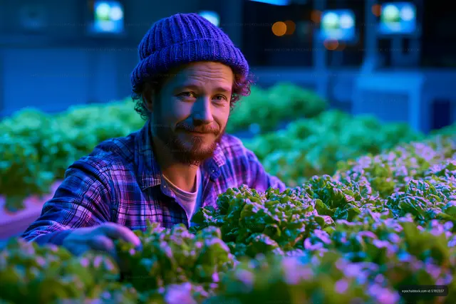 Bearded man in purple hat among plants at night