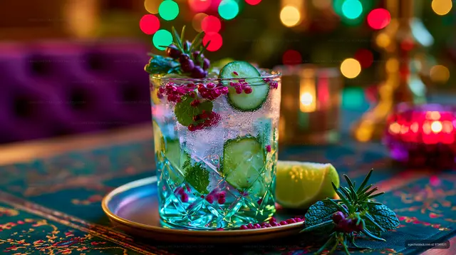 Cucumber berry cocktail in a colorful festive setting