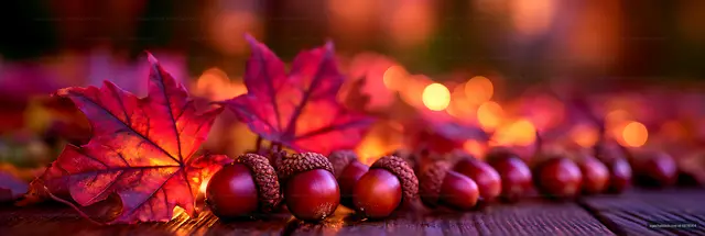 Red maple leaves and acorns in warm autumn light