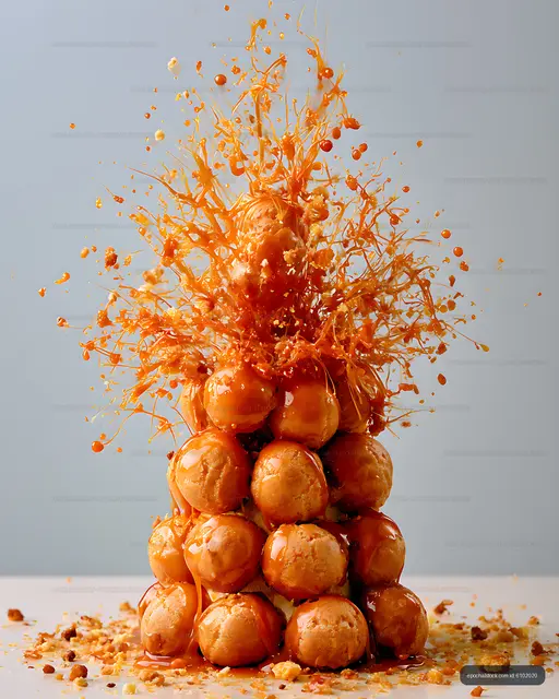 Dramatic caramel splash over an orange dessert tower