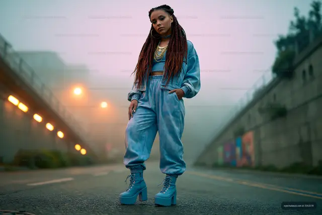 Blue streetwear fashion portrait in an urban setting