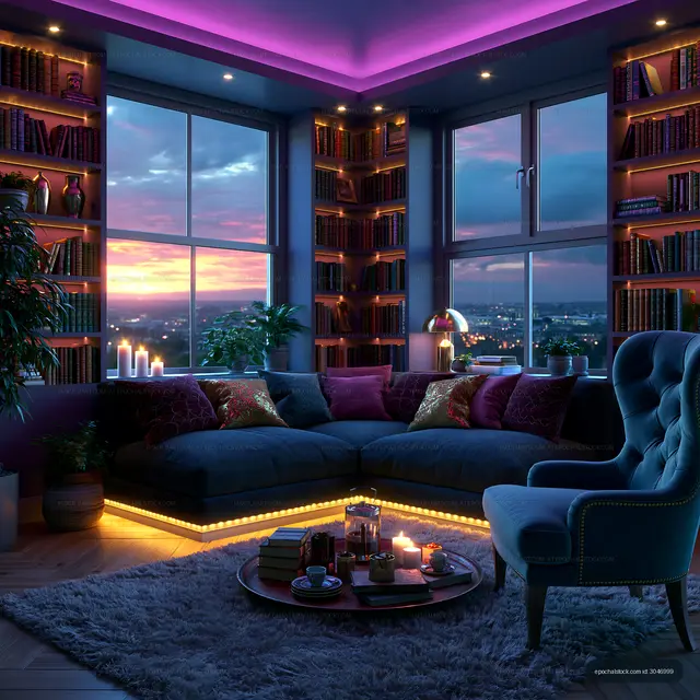 Colorful cozy library living room with sunset windows