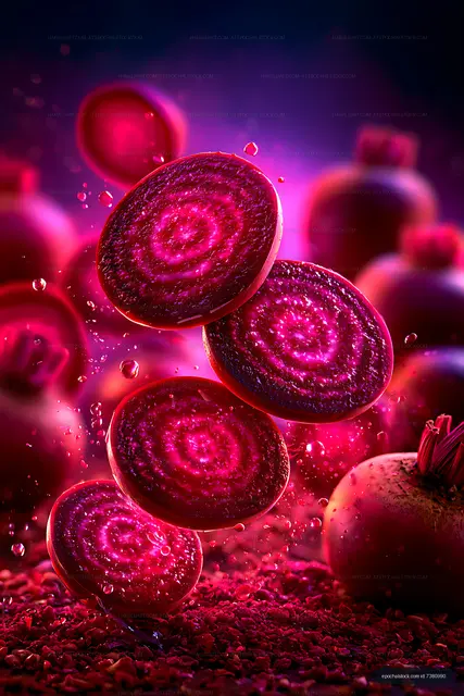 Magenta dragon fruit slices with sparkling water droplets
