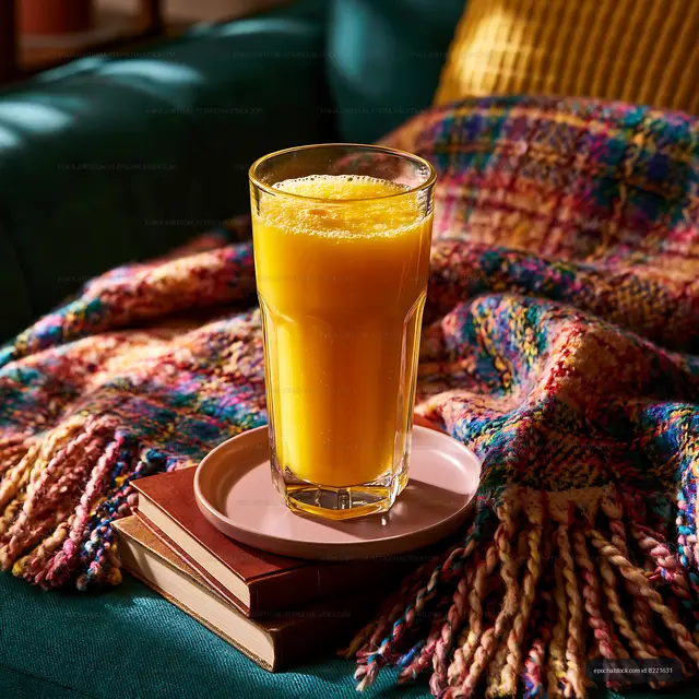 Cozy orange juice still life with books and a colorful throw