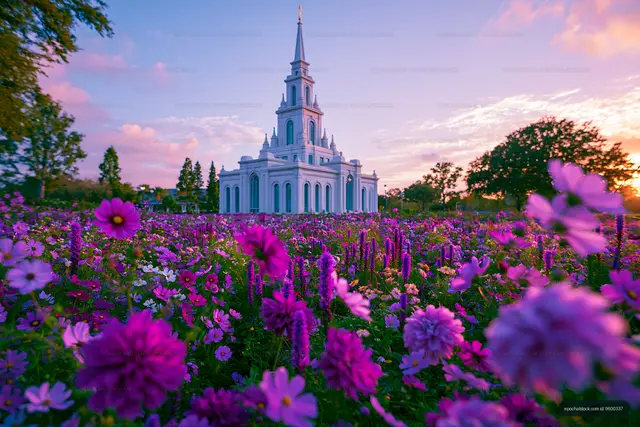 Spired church above a colorful flower meadow at dusk