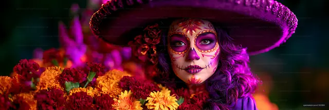 Woman in sugar skull makeup surrounded by marigolds