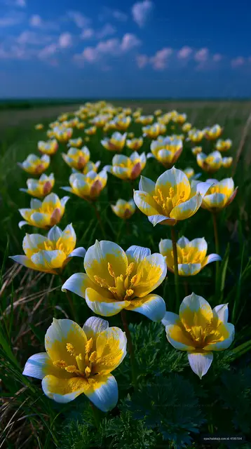 Blooming yellow and white flowers in a grassy field