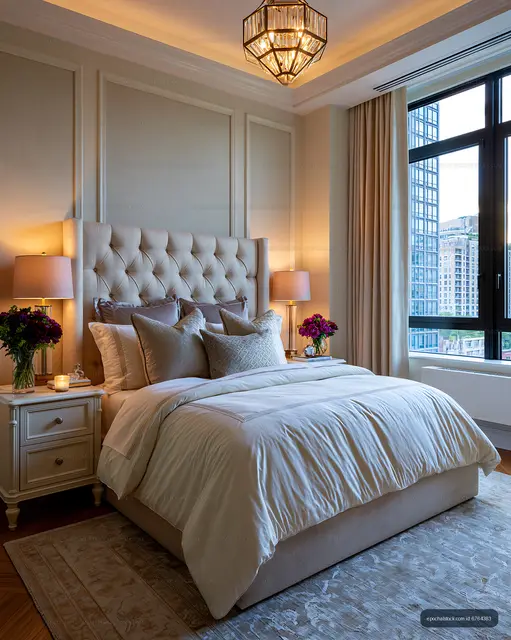Luxury bedroom interior with large urban window