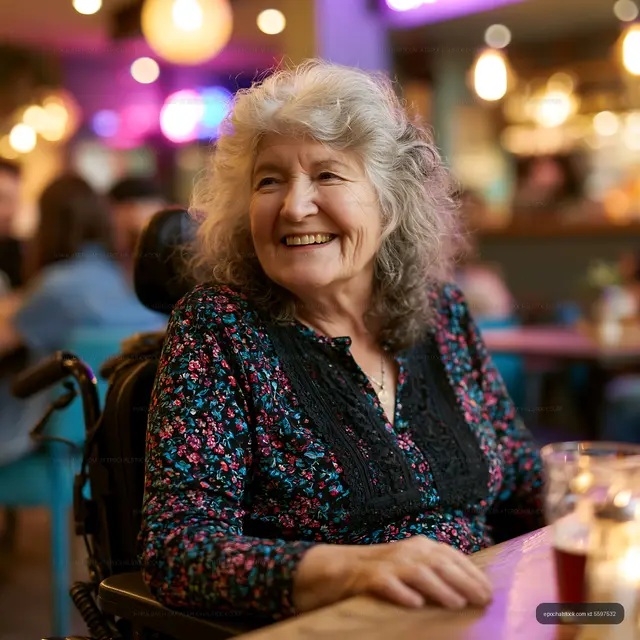 Happy older woman smiling in a vibrant restaurant setting