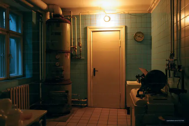 Industrial boiler room with aged tank and exposed plumbing