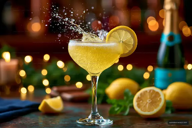 Fizzy lemon cocktail with dramatic splash and lemons