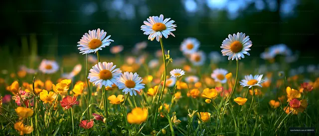 Sunlit meadow filled with daisies and vibrant wildflowers