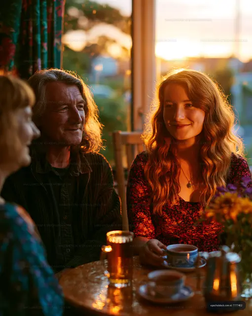 Friends gathered around tea by a sunlit window
